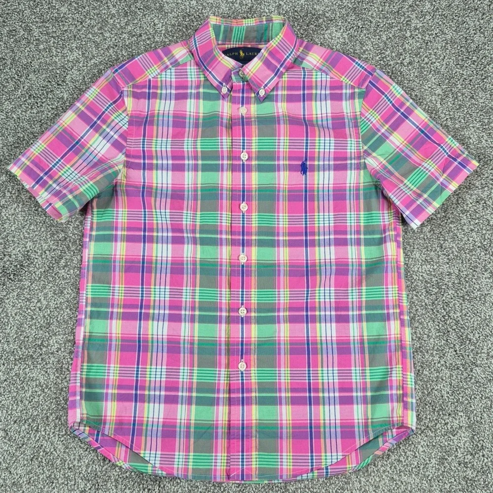 Ralph Lauren Button Down Shirt Boys M (10-12) Pink Plaid Short Sleeve Cotton